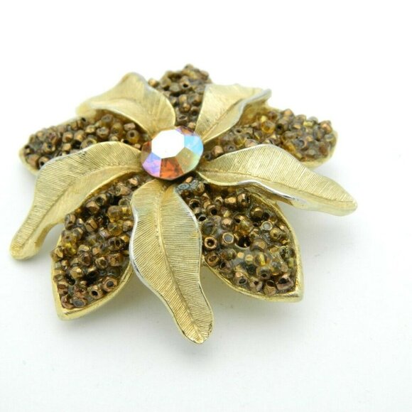 Topaz Glass Bead Rhinestone Large Gold Tone Flower - Picture 3 of 4